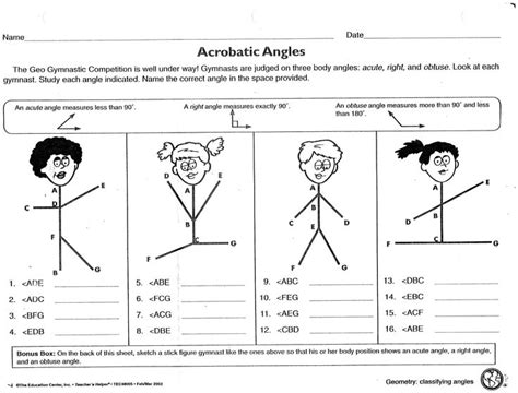 worksheet for describing the different types of acrobatic angles with ...