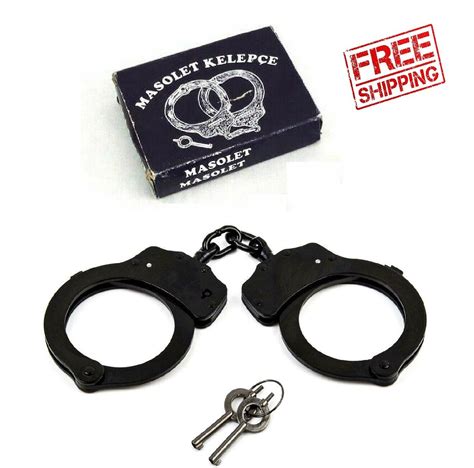 REAL Police Handcuffs DOUBLE LOCK Professional BLACK STEEL Hand Cuffs w ...