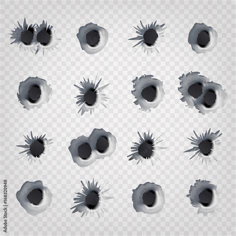 Bullet Holes In Metal Wall Vector. Realistic Caliber Weapon Holes ...