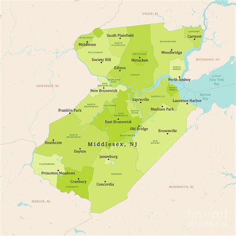 NJ Middlesex County Vector Map Green Digital Art by Frank Ramspott | Pixels