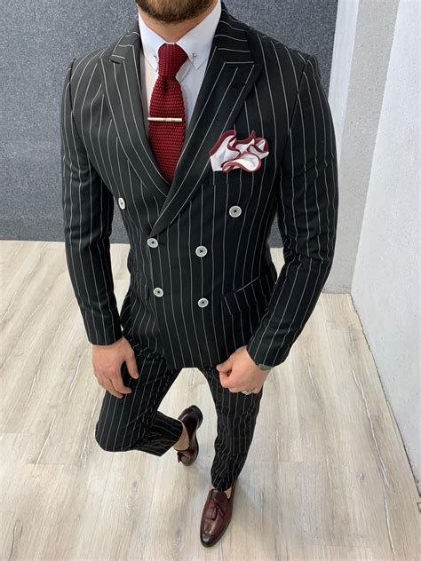 Buy Black Slim Fit Double Breasted Pinstripe Suit by GentWith.com ...