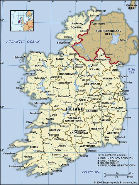 Ireland map with cities. Ireland geographical facts - World atlas