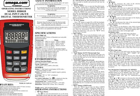 Omega Engineering Hh801B Users Manual Digital Thermometer