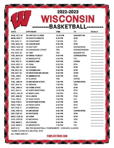 Printable 2022-2023 Wisconsin Badgers Basketball Schedule