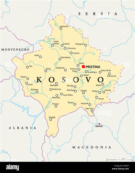 Kosovo political map with capital Pristina, national borders, important ...