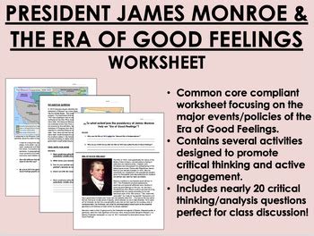 President James Monroe and the Era of Good Feelings worksheet | TpT