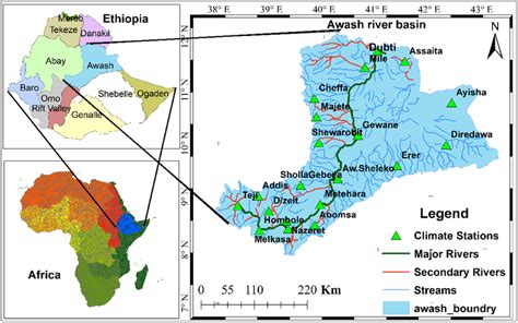 Location map of Awash river basin with its stream networks and climate ...