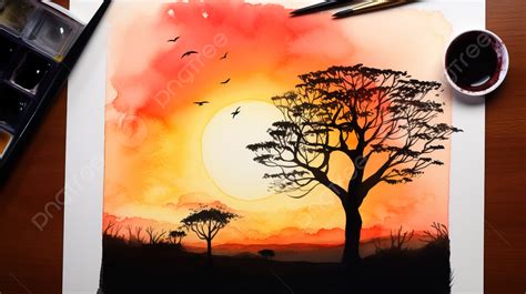 Watercolor Painting Of Sunset With Wild Trees Background, Sunset ...