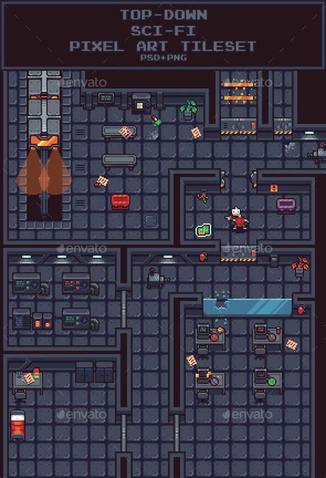 Top-Down Sci-Fi Pixel Art Tileset by SadBeaver | GraphicRiver | Pixel ...