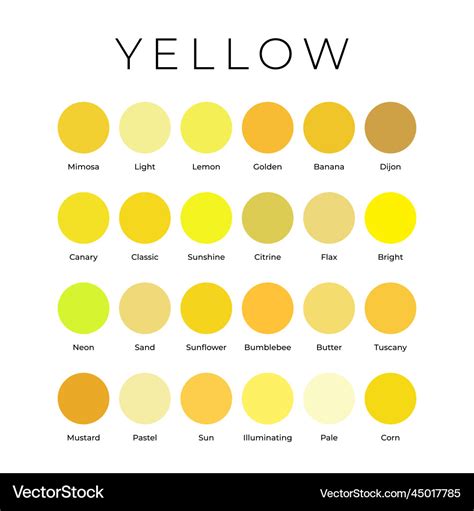 Yellow color shades swatches palette with names Vector Image