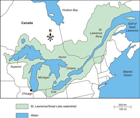 Map of the Great Lakes, the St. Lawrence River, Gulf of Saint Lawrence ...