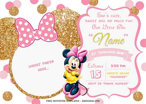 Pink And Gold Minnie Mouse Birthday Invitation Templates – Editable ...