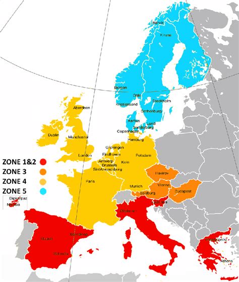 The five climate zones and 38 cities in Europe considered in this work ...