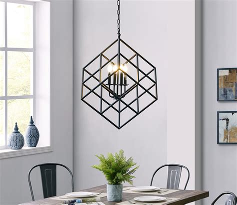 BELLEZE Black Cage Cube Geometric Pendant 4 Light with Metal Shade ...