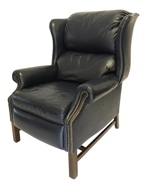 Lane Navy Leather Mid-Century Wingback Recliner | Chairish