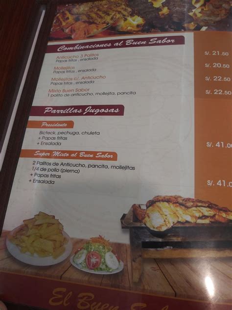 Menu at El Buen Sabor restaurant, Santiago de Surco, Jirón Huallaga 196