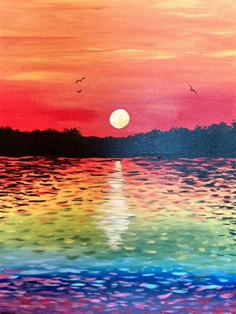 Paint Nite - Sunset On Rainbow Lake beginner painting idea with ...