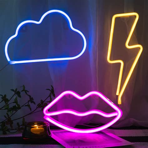 Buy Cosweet 3 Pack LED Decorative Neon Light Signs, Pink Lip Blue Cloud ...