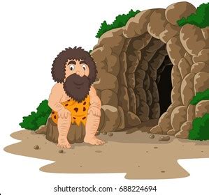 Cartoon Caveman Eating Meat Cave Background Stock Illustration ...