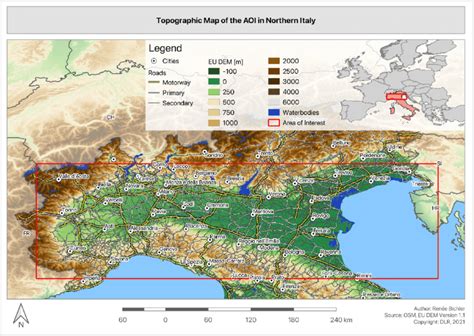 Topographic map of the area of interest in northern Italy, Po valley ...