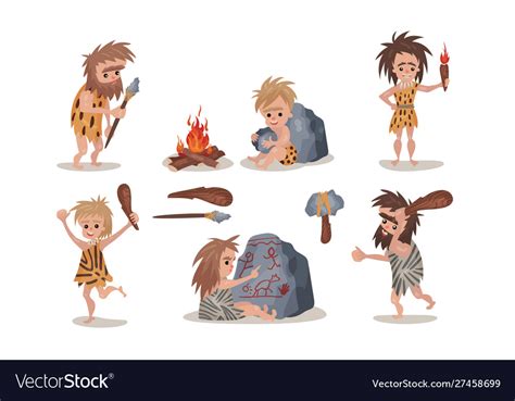 Cartoon neolithic people characters Royalty Free Vector