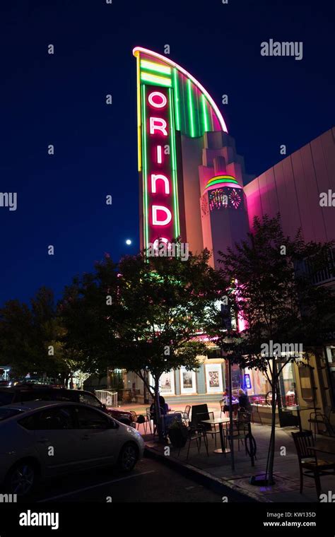 Nighttime image of the marquee for the Orinda Theater, an art-deco ...