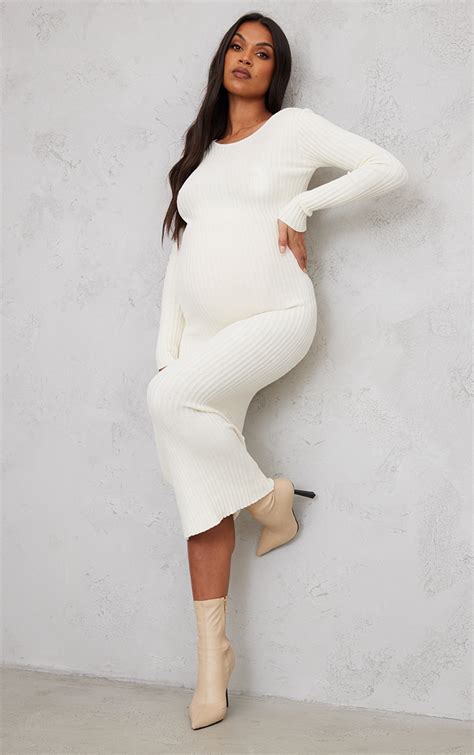 Maternity Cream Knit Midaxi Tie Back Bodycon Dress | PrettyLittleThing IE