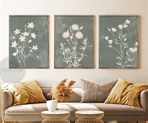 Abstract Sage Green Botanical Art Set of 3 Prints, Boho Gallery Wall ...