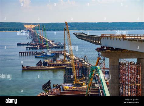 Construction of a bridge over the Volga River. The bridge is part of ...