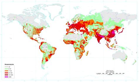 Population density (people per km2) map of the world in 1994. Red and ...