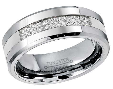 Men’s Tungsten Wedding Band Double Row 24-CZ Accent – 8mm Beveled ...