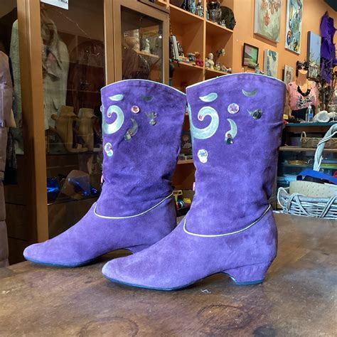 Purple suede boots ️ with gold paint and plastic... - Depop