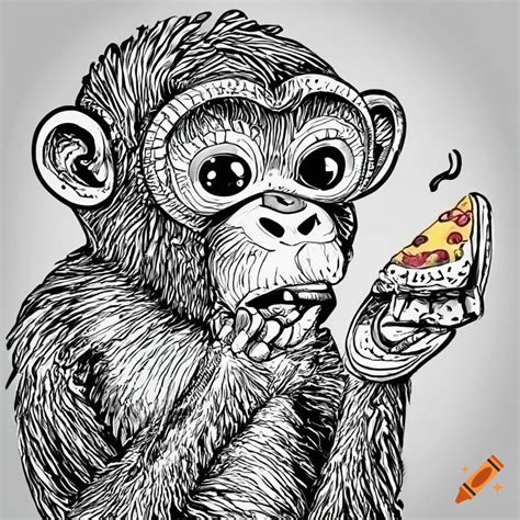 Black and white drawing of a monkey eating pizza