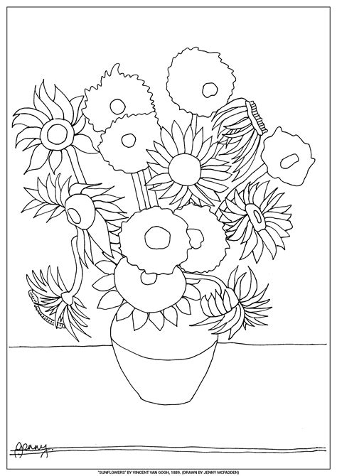 Sunflowers By Vincent Van Gogh Coloring Page Free Printable Coloring ...