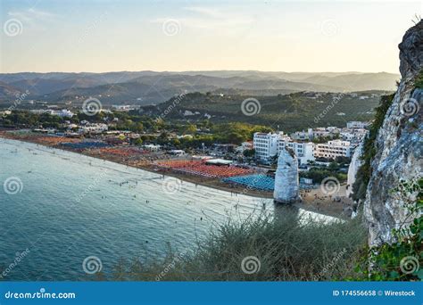 Panoramic View of Vieste Beach and the Famous Pizzomunno Rock, Gargano ...