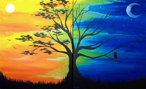 Beautiful painting idea. Day and Night Tree - warm and cool, sun and ...