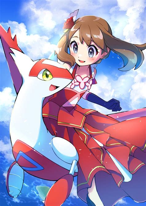 a woman riding on the back of a white and red cat in front of a blue sky