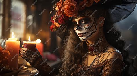 Premium AI Image | Woman in La Calavera Catrina Costume with Smoking Skull