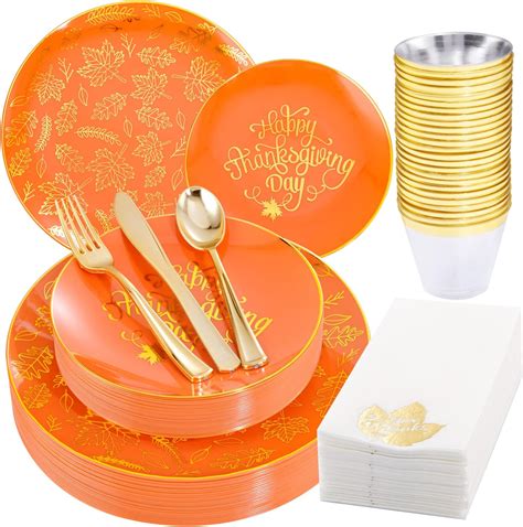 Amazon.com: Hioasis 175pcs Thanksgiving Plastic Plates - White and Gold ...