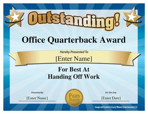 Office Quarterback Award Certificate Of Recognition Template ...