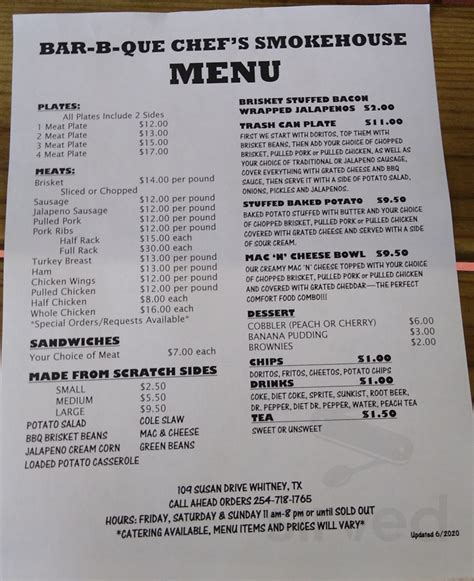 Bar-B-Que Chef's Smokehouse menu in Whitney, Texas, USA