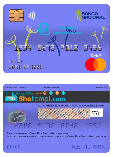 Costa Rica Banco Nacional de Costa Rica mastercard debit card template ...