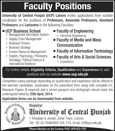 University of Central Punjab Jobs 2014 April for Teaching Faculty in ...