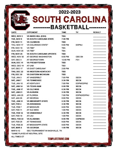 Printable 2022-2023 South Carolina Gamecocks Basketball Schedule