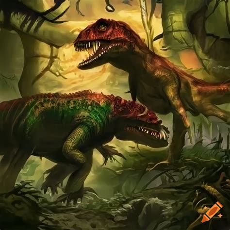 Fantasy art of dinosaurs fighting in the jungle