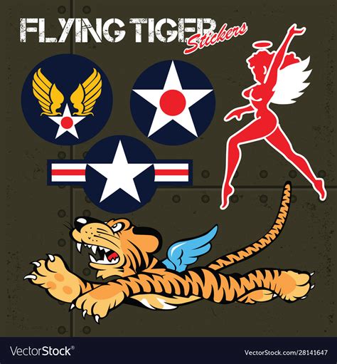 Flying tiger stickers set Royalty Free Vector Image