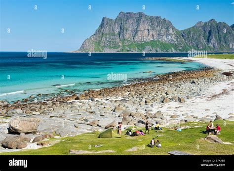 camping on beautiful Uttakleiv Beach in the Lofoten Islands, Norway ...