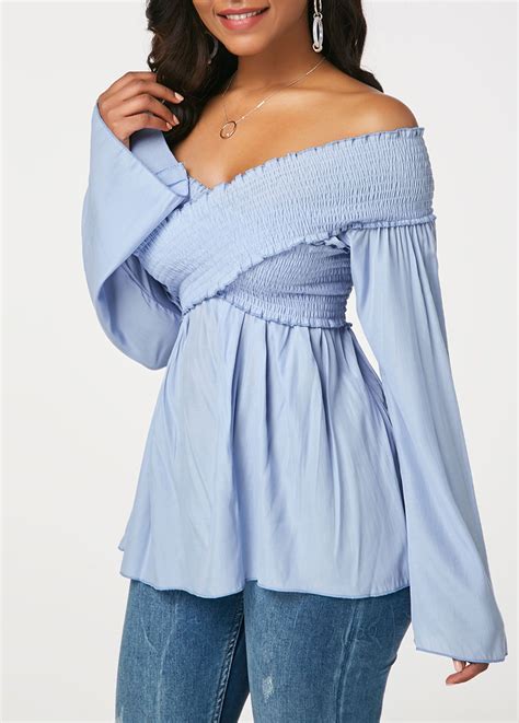 Shirred Crossover Light Blue Flare Sleeve Blouse | Rosewe.com - USD $26 ...