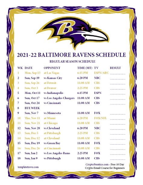 Printable 2021-2022 Baltimore Ravens Schedule