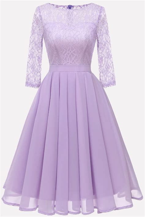 Light-purple Lace Chiffon Fit & Flare y Swing Formal Dress | Sleeved ...